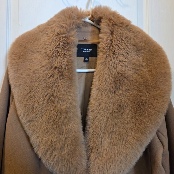 Torrid Jackets & Blazers - Torrid Camel Faux Fur Collar Fit & Flare Coat – Size 1